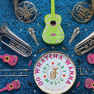 Closeup of colorful jazz musical instruments on a blue background